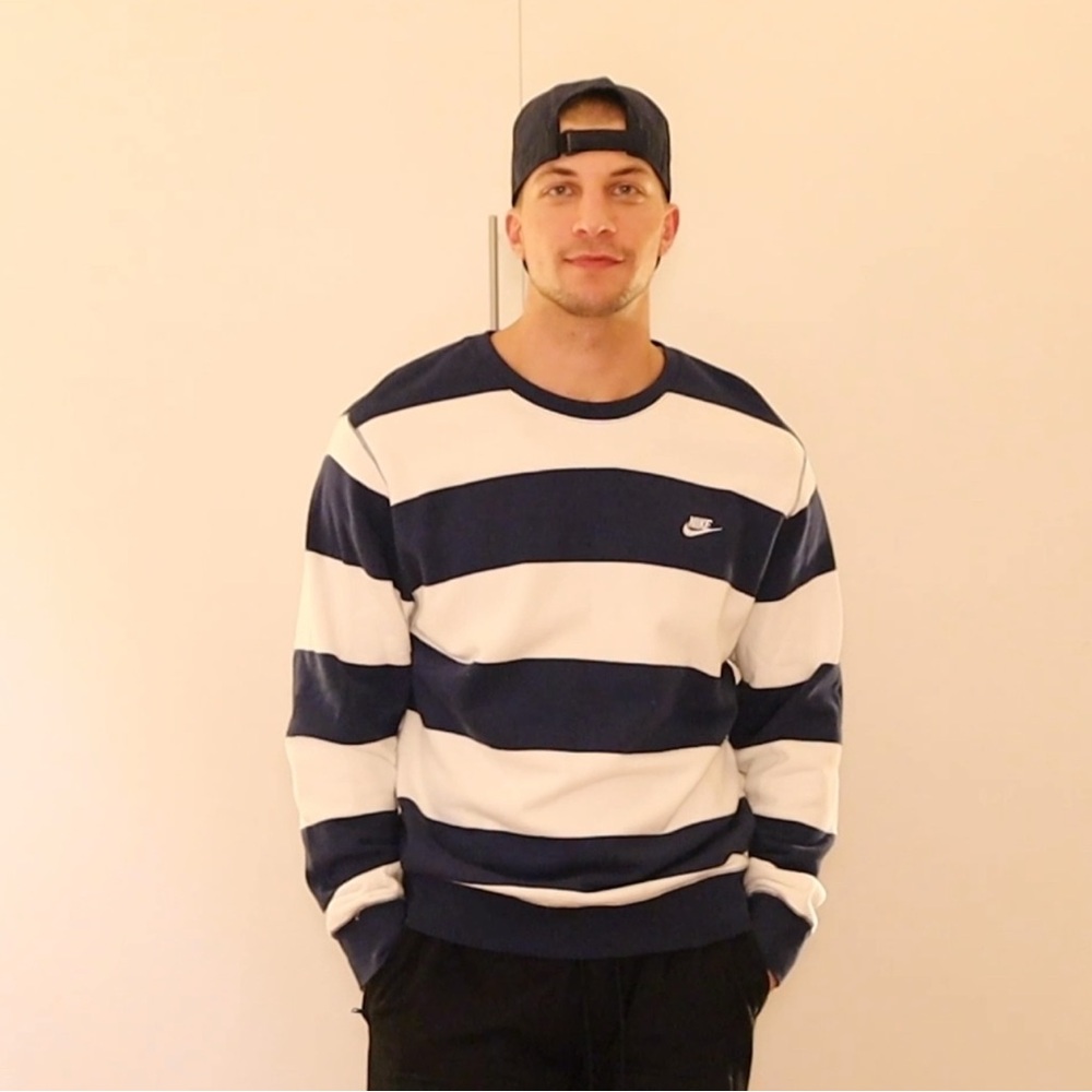 Nike Navy Blue and White Striped Sweatshirt